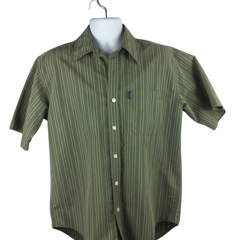 Guess Olive Striped Casual Button Down Shir,‎ Size Small